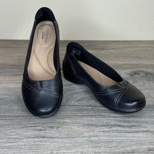 NWT Clarks Cora Eliza Black Leather Slip On Flat Shoes Women's  Size 5 1/2 M